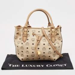 MCM Two Tone Beige Visetos Coated Canvas and Leather Drawstring Tote