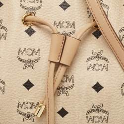 MCM Two Tone Beige Visetos Coated Canvas and Leather Drawstring Tote