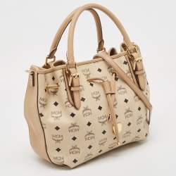 MCM Two Tone Beige Visetos Coated Canvas and Leather Drawstring Tote