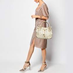 MCM Two Tone Beige Visetos Coated Canvas and Leather Drawstring Tote