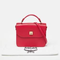 MCM Red Leather Turnlock Flap Top Handle Bag
