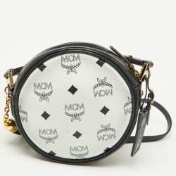 MCM Navy Blue/White Visetos Coated Canvas and Leather Tambourine Round Bag