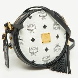 MCM Navy Blue/White Visetos Coated Canvas and Leather Tambourine Round Bag