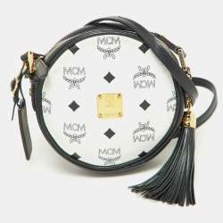 MCM Navy Blue/White Visetos Coated Canvas and Leather Tambourine Round Bag