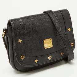 Pre Owned MCM Black Leather Studded Flap Crossbody Bag