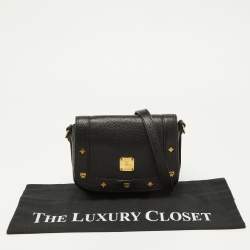 Pre Owned MCM Black Leather Studded Flap Crossbody Bag