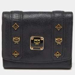 MCM Black Leather Studded Charm Trifold Wallet