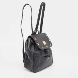 MCM Black Leather Studded Flap Backpack