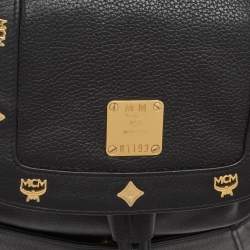 MCM Black Leather Studded Flap Backpack