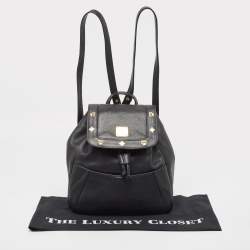 MCM Black Leather Studded Flap Backpack