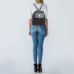 MCM Black Leather Studded Flap Backpack