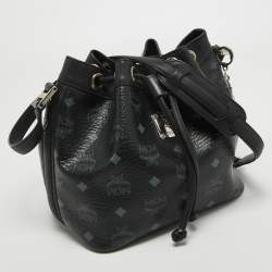 MCM Black Visetos Coated Canvas and Leather Drawstring Bucket Bag
