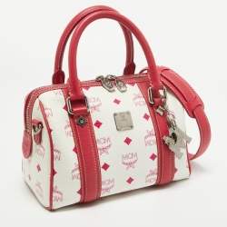 MCM Pink/White Visetos Coated Canvas and Leather Charm Boston Bag