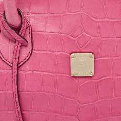 MCM Pink Croc Embossed Leather Zip Satchel