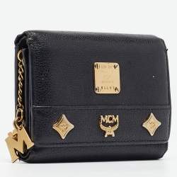 MCM Black Leather Studded Trifold Compact Wallet