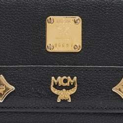 MCM Black Leather Studded Trifold Compact Wallet