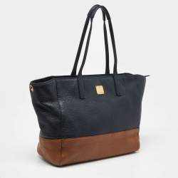 MCM Blue/Brown Leather Zip Shopper Tote