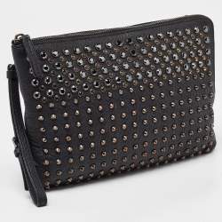 MCM Black Leather Embellished Zip Wristlet Pouch