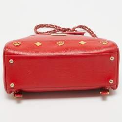 MCM Red Leather Studded Flap Backpack