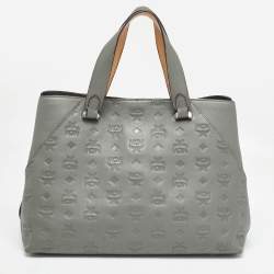 MCM Grey/Brown Monogram Embossed Leather Essential Tote