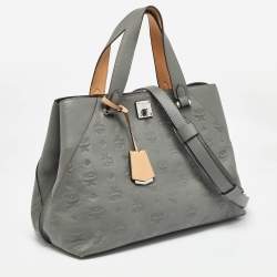 MCM Grey/Brown Monogram Embossed Leather Essential Tote