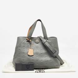 MCM Grey/Brown Monogram Embossed Leather Essential Tote