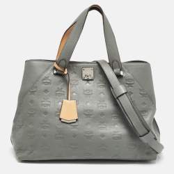 MCM Grey/Brown Monogram Embossed Leather Essential Tote