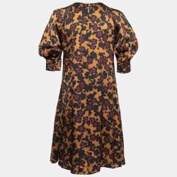 Pre Owned McQ by Alexander McQueen Golden Brown Floral Print Silk Mini Dress S