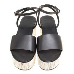 Pre Owned McQ by Alexander McQueen Black Leather Wooden Platform Ankle Wrap Sandals Size 38