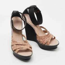Pre Owned McQ by Alexander McQueen Black/Light Pink Leather Wedge Ankle Strap Sandals Size 40