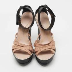 Pre Owned McQ by Alexander McQueen Black/Light Pink Leather Wedge Ankle Strap Sandals Size 40