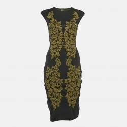 Pre Owned McQ by Alexander McQueen Black Leaf Intarsia Stretch Knit Bodycon Dress M