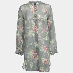 Pre Owned فستان قميص حرير شفاف مطبوع باللونين الأسود والأبيض من إم سي كيو باي أليكساندر ماكوين ميديم