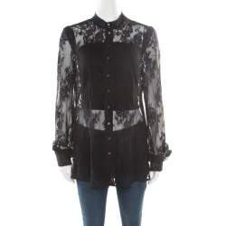 Pre Owned McQ By Alexander McQueen Black Floral Lace Long Sleeve Blouse L
