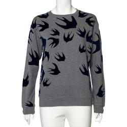 Pre Owned McQ by Alexander McQueen Grey Flocked Swallow Print Cotton Sweatshirt S