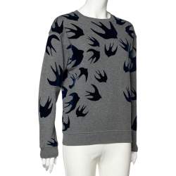 Pre Owned McQ by Alexander McQueen Grey Flocked Swallow Print Cotton Sweatshirt S