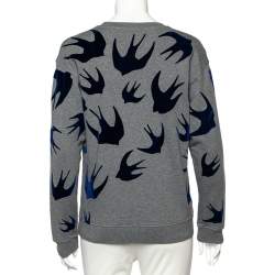 Pre Owned McQ by Alexander McQueen Grey Flocked Swallow Print Cotton Sweatshirt S