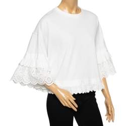 Pre Owned McQ by Alexander McQueen White Cotton Eyelet Trimmed Ruffled T-Shirt S