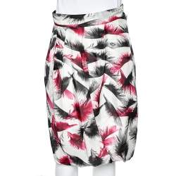Pre Owned McQ by Alexander McQueen White Feather printed Silk Pleated Balloon Skirt L