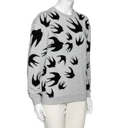 Pre Owned McQ by Alexander McQueen Grey Flocked Swallow Cotton Knit Crewneck Sweatshirt XS