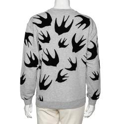 Pre Owned McQ by Alexander McQueen Grey Flocked Swallow Cotton Knit Crewneck Sweatshirt XS