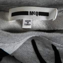 Pre Owned McQ by Alexander McQueen Grey Flocked Swallow Cotton Knit Crewneck Sweatshirt XS