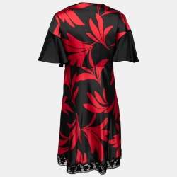 Pre Owned McQ By Alexander McQueen Black & Red Floral Print Satin Flare Sleeve Dress M