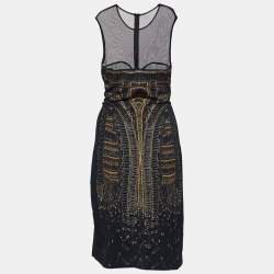Pre Owned McQ by Alexander McQueen Black Safety Pin Print Knit Bodycon Dress L