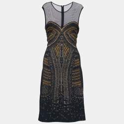 Pre Owned McQ by Alexander McQueen Black Safety Pin Print Knit Bodycon Dress L