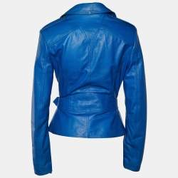 Pre Owned McQ by Alexander McQueen Blue Leather Belted Moto Jacket S