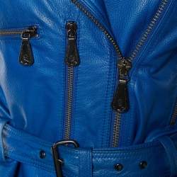 Pre Owned McQ by Alexander McQueen Blue Leather Belted Moto Jacket S
