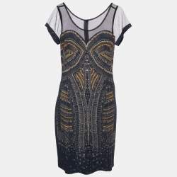 Pre Owned McQ by Alexander McQueen Black Printed Knit & Tulle Midi Dress M