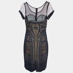 Pre Owned McQ by Alexander McQueen Black Printed Knit & Tulle Midi Dress M