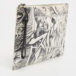 Pre Owned McQ by Alexander McQueen White/Black Manga Print Leather Zip Pouch